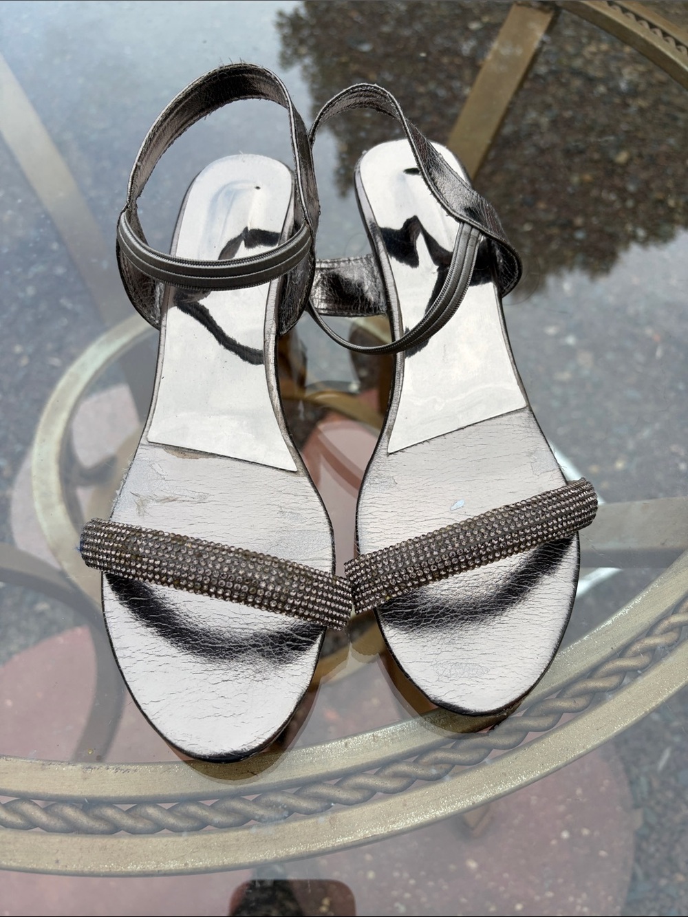 Metallic Silver Women's Ankle-Strap Sandals with Crystal Accent